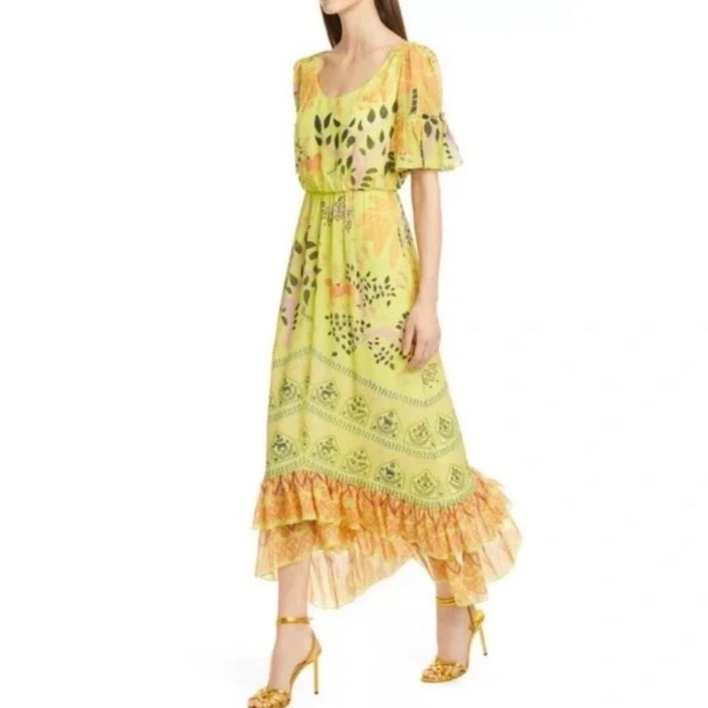 Saloni Pippa Silk Midi Dress Georgette Jungle Yellow Ruffle Citrus Floral NWT 6